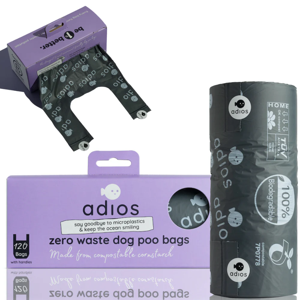 Adios Plastic Compostable Jumbo Handle Bag on a Roll Dispencer Grey Poo Bags - Large