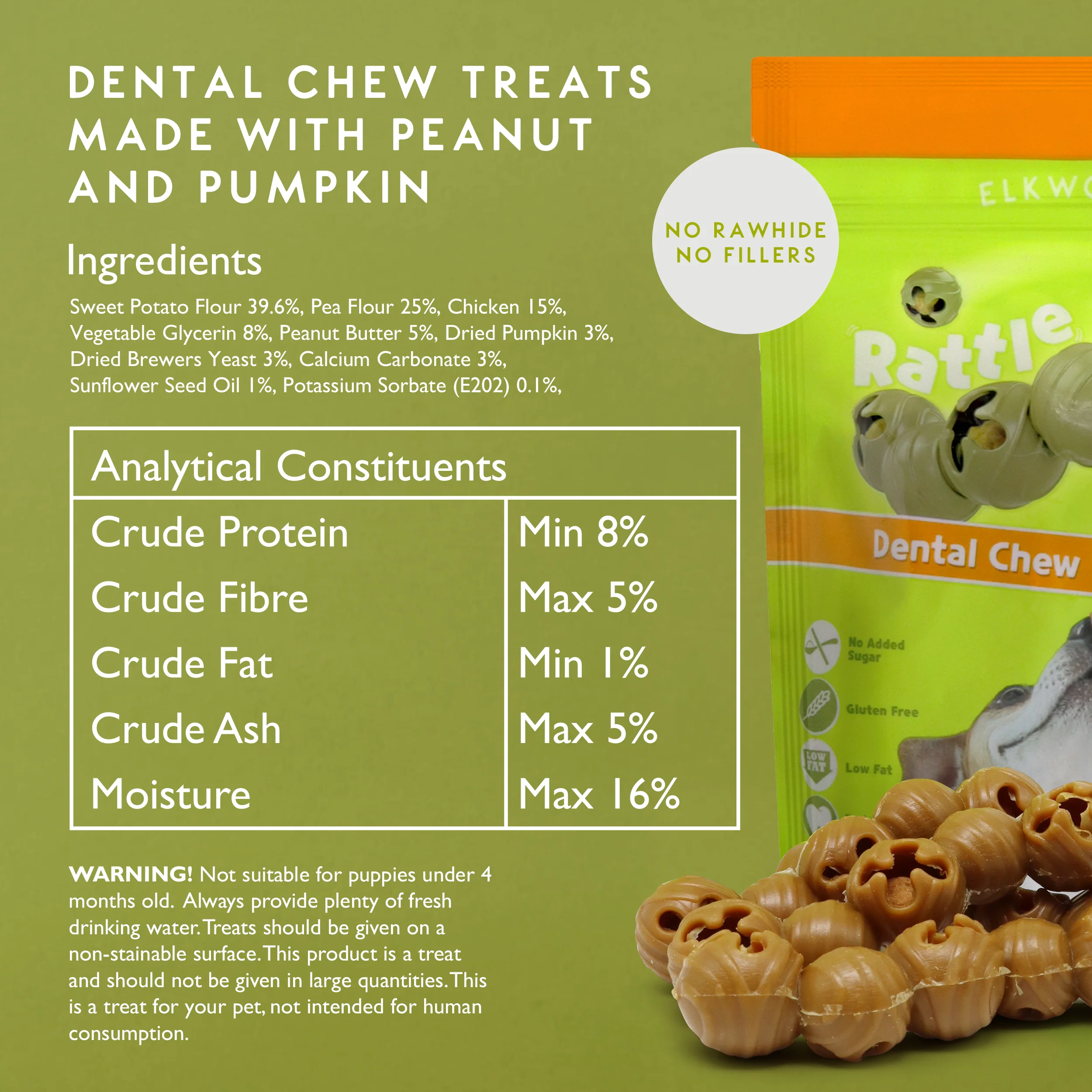 Elkwood Rattlesnaps Peanut & Pumpkin Dental Chew with Chicken | 4-Pack - Image 7